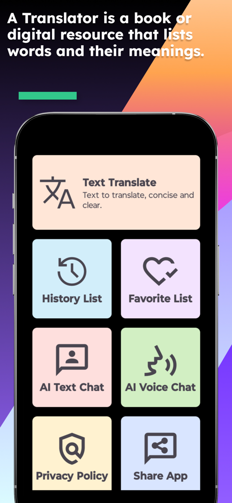 Main menu screen of the English Dzongkha Translator app showing features like text translation and AI voice chat