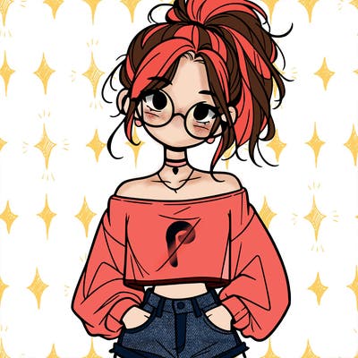 girl with a messy ponytail glasses a baggy crop top and jean shorts