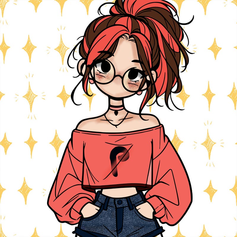 girl with a messy ponytail glasses a baggy crop top and jean shorts