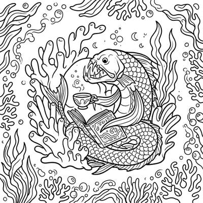 Discover the unexpected charm of a viperfish enjoying a peaceful moment, reading a book and sipping tea amidst vibrant coral. This unique coloring page offers a delightful escape into an imaginative underwater world.