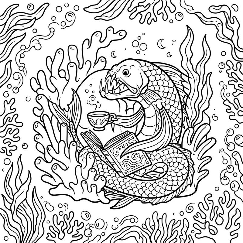 Discover the unexpected charm of a viperfish enjoying a peaceful moment, reading a book and sipping tea amidst vibrant coral. This unique coloring page offers a delightful escape into an imaginative underwater world.