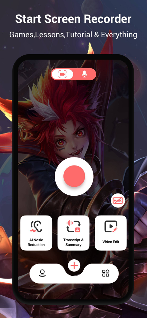 Mobile app interface for V Recorder showing a central record button and AI productivity features like noise reduction and transcript summary.