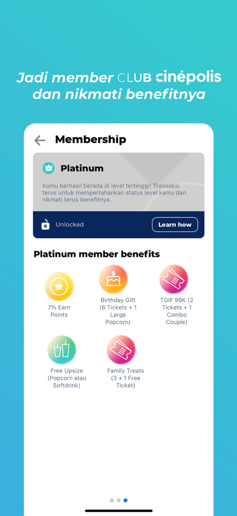 Tela de adesão do aplicativo Cinépolis Indonésia mostrando benefícios e recompensas do nível Platinum