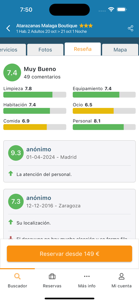 QueHoteles.com - QueHoteles mobile app screen displaying guest ratings and detailed reviews for a hotel in Malaga