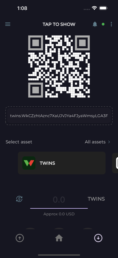 wallet.app - Mobile interface showing a QR code and digital wallet address to receive cryptocurrency.