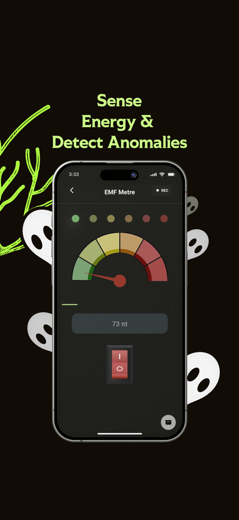 GHOST - A smartphone screen from the GHOST app showing an EMF meter tool used to detect paranormal energy anomalies.