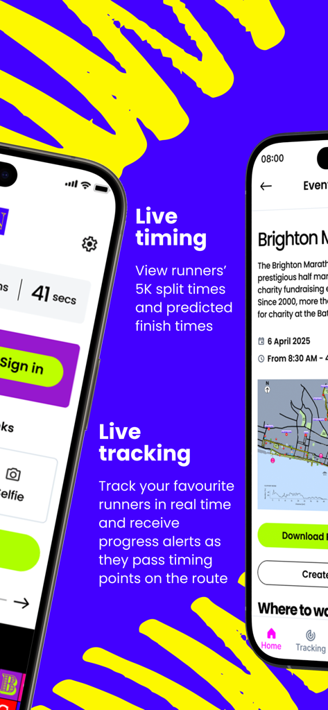Brighton Marathon 2025 App-Oberfläche mit Live-Zeitnahme und Tracking-Funktionen für Läufer