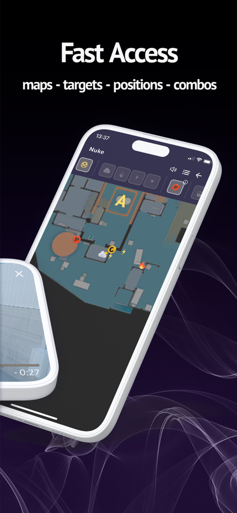 Smoke Baron - CS2 Nade Guide - Interface de l'application Smoke Baron CS2 nade guide montrant les lancers sur la carte Nuke