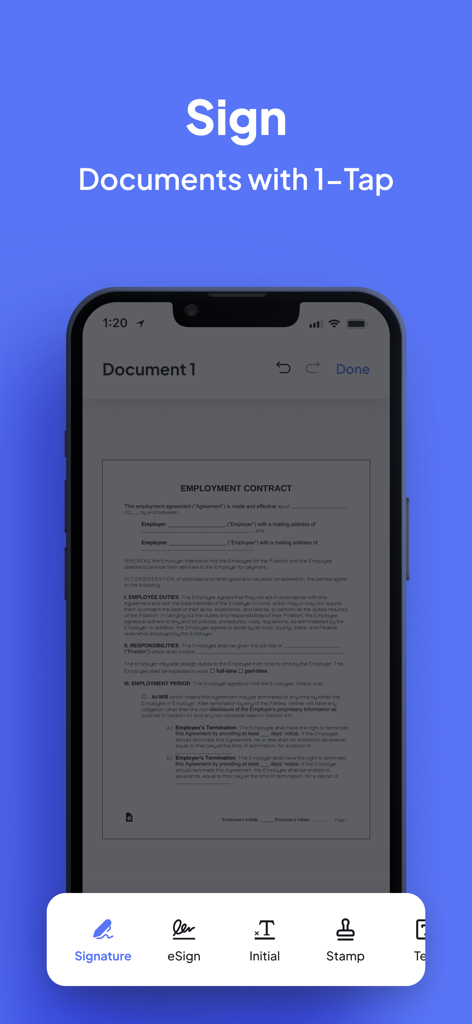 SignDocu mobile app interface displaying a digital employment contract with a one tap signing feature