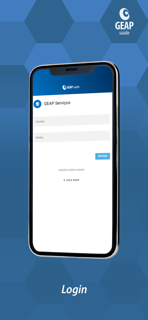 GEAP Prestador - Login screen for the GEAP Prestador app with user and password input fields