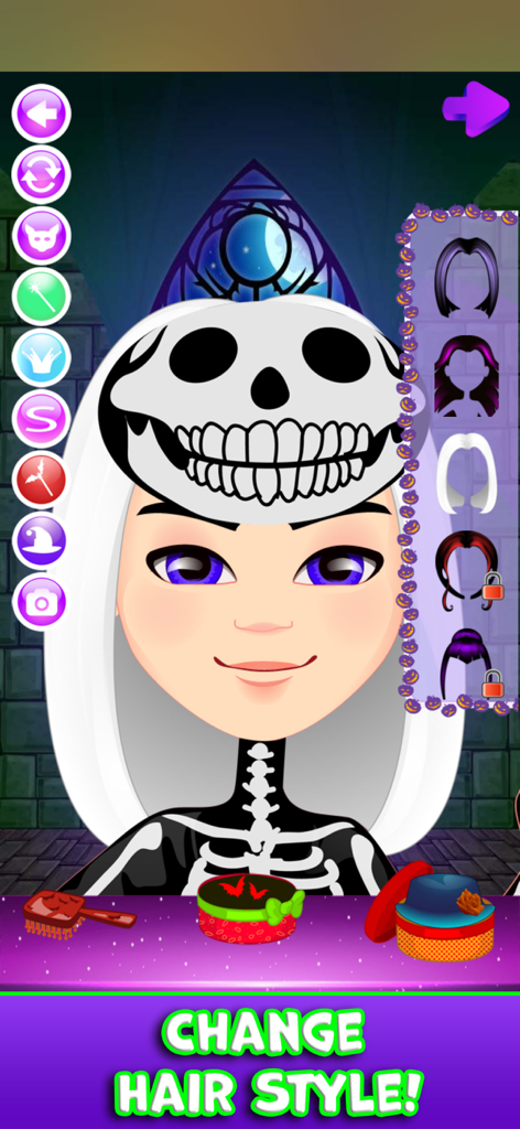 Halloween Costume Party Games - A character customization screen in a Halloween dress up game showing hair style options and a skeleton mask