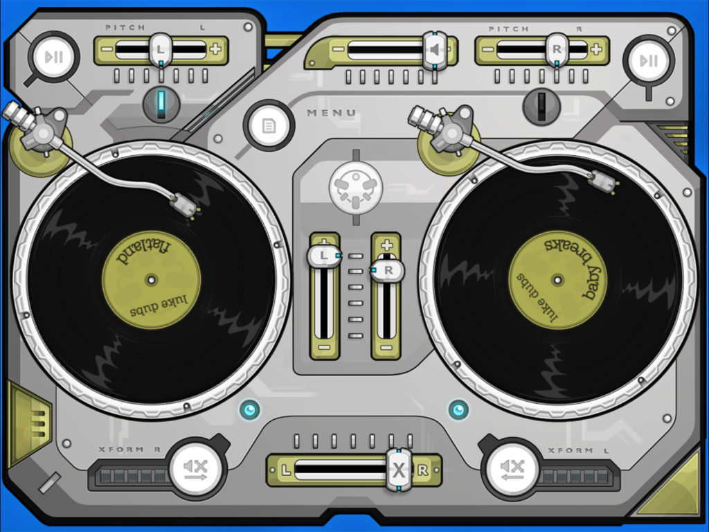 Baby Decks DJ - Baby Decks DJ app interface featuring two virtual turntables and a mixer