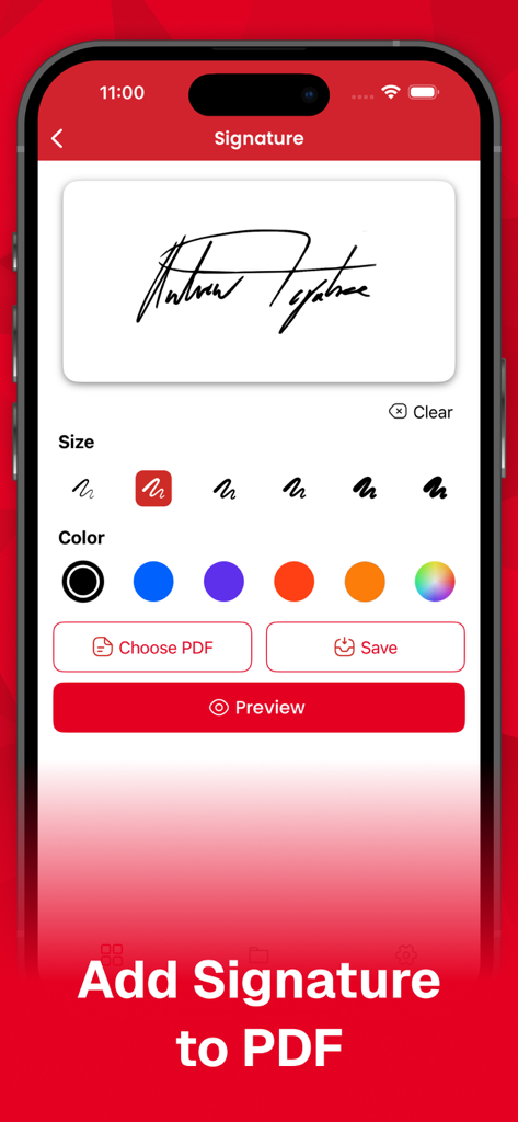 A mobile app interface for adding a digital signature to a PDF with brush size and color selection