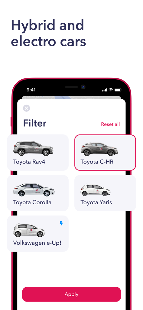 A mobile interface for the CARGURU app showing a vehicle selection filter with various hybrid and electric car models like Toyota and Volkswagen.