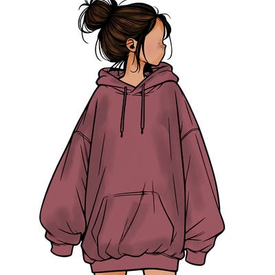 realistic girl with a oversized sweatshirt on and a bun