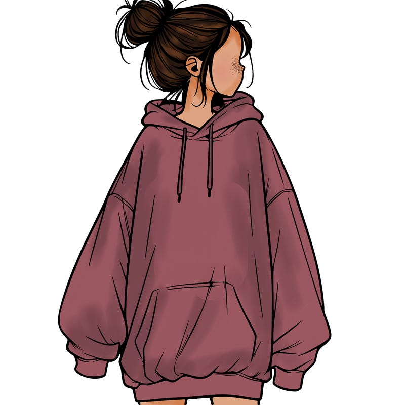 realistic girl with a oversized sweatshirt on and a bun