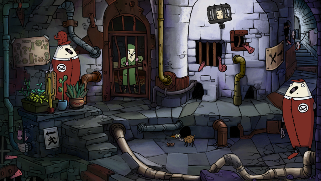 A hand-drawn prison level in The Inner World 2 featuring Laura in a cell and quirky guards.
