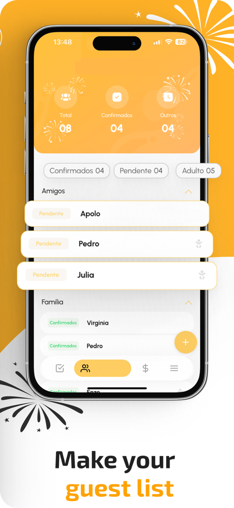 Party Planner Guest List - Interface d'application mobile pour gérer une liste d'invités de fête avec suivi des RSVP et catégorisation des invités
