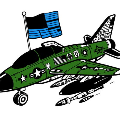 a jet painted with military insignia and flags.