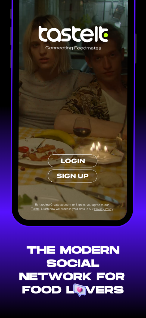 Tasteit: Connecting Foodmates - Tasteit mobile app login screen featuring the slogan the modern social network for food lovers