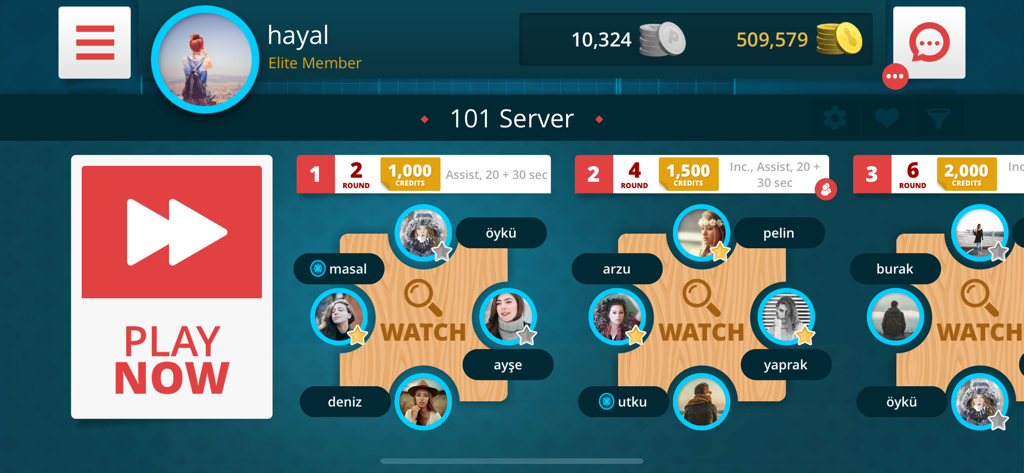 Lobby interface of 101 Yuzbir Okey showing available game tables and player profiles