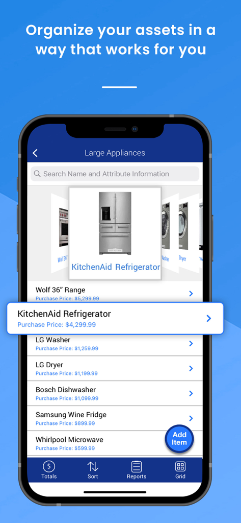 Categorizr: Receipt Scanner - Categorizr app screen displaying a home inventory list of large kitchen appliances and their purchase prices.