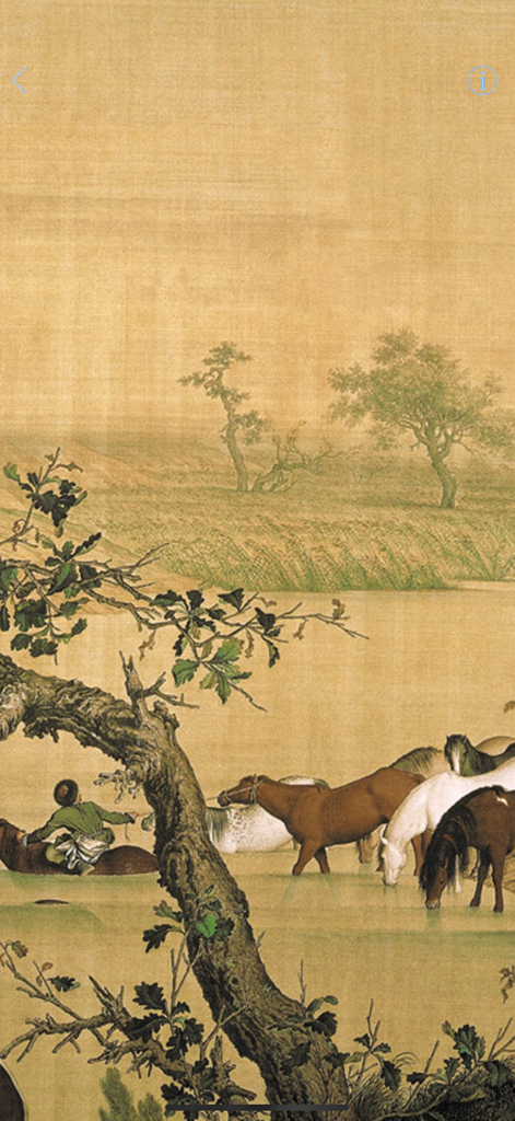 Chinese Paintings - Top10 HD - A detailed section of the Hundred Horses scroll painting showing horses drinking at a riverbank