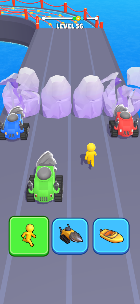 Gameplay of Wheels Change Challenge showing characters transforming into drills to bypass obstacles on level 56