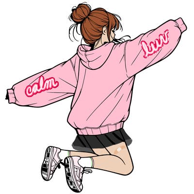 realistic girl jumping with a bun and oversized sweatshirt