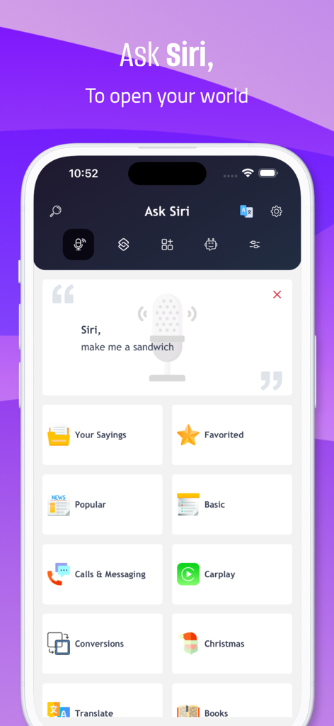 Ask app for Siri for use - Mobile app interface showing categories for Siri voice commands and shortcuts on an iPhone