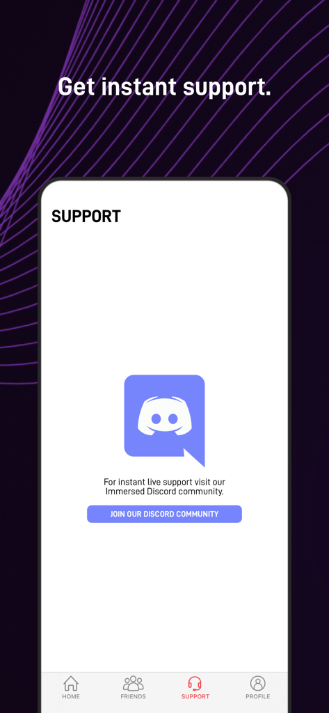 Support-Bildschirm der Immersed Agent-App mit einem Link zur Discord-Community für Live-Hilfe.
