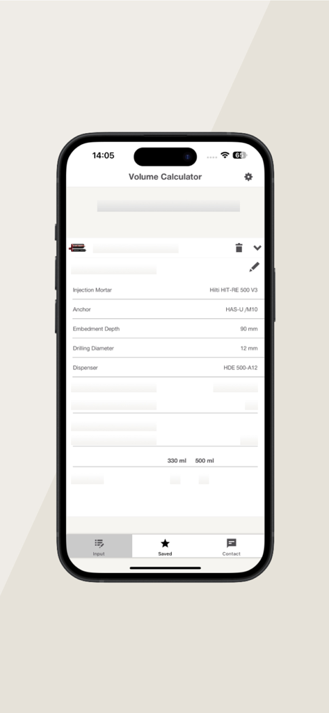 Hilti Volume Calculator - Hilti Volume Calculator app showing saved calculation details for injection mortar and anchor specifications