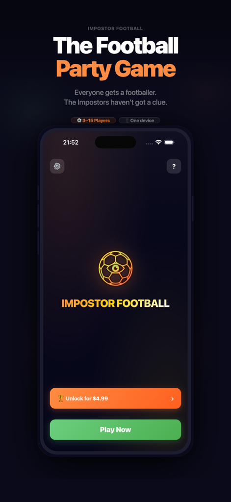 Impostor Football - Menú principal de la aplicación móvil Fútbol Impostor con el botón de jugar ahora