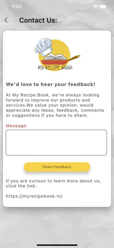 Feedback- und Kontaktseite in der Mein Kochbuch App