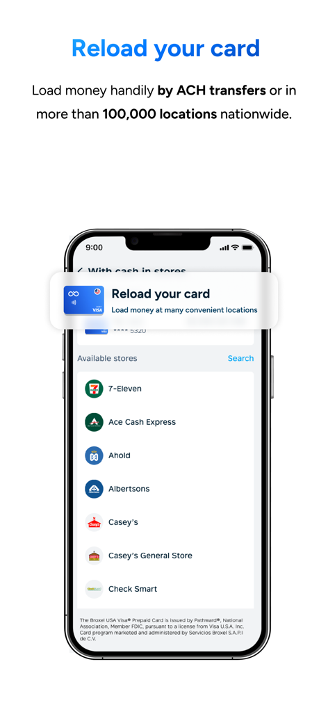 Broxel - Pantalla de la aplicación Broxel mostrando opciones para recargar una tarjeta prepagada con efectivo en lugares como 7-Eleven y Albertsons