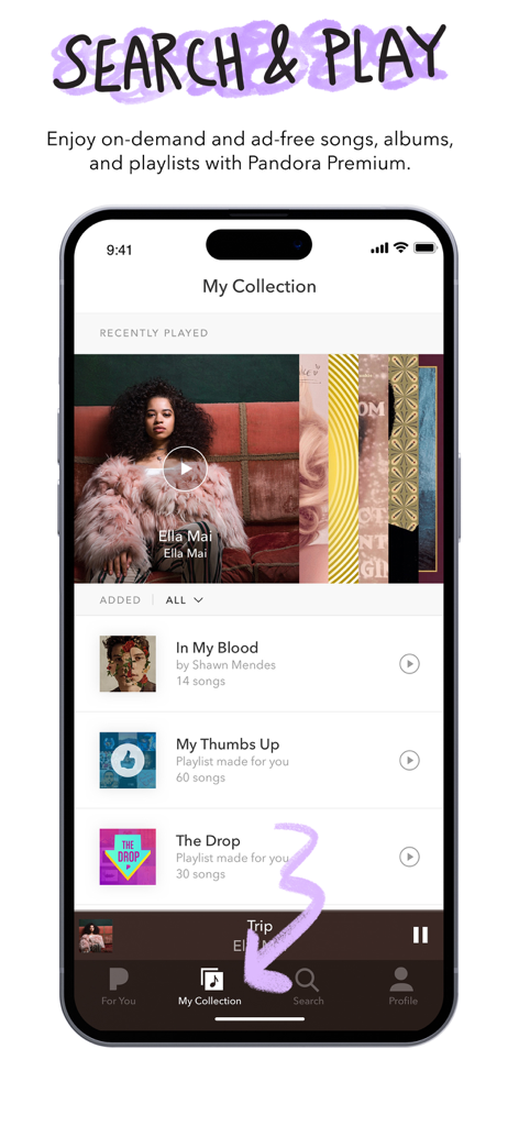 Pandora app interface showing the My Collection section with personalized playlists and recently played tracks