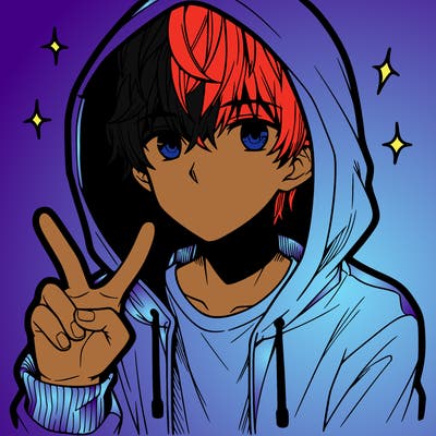 teenage manga boy in a hoodie, doing ✌