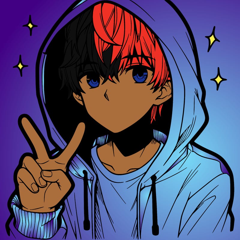 teenage manga boy in a hoodie, doing ✌