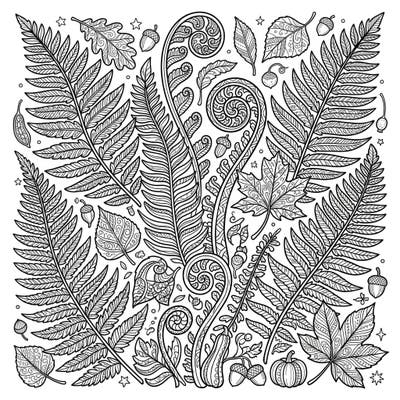 Dive into the beauty of autumn with this stunning adult coloring page, featuring a detailed array of fern fronds and seasonal elements. Perfect for moments of mindful relaxation and creative expression.