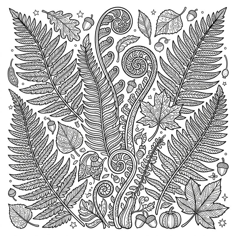 Dive into the beauty of autumn with this stunning adult coloring page, featuring a detailed array of fern fronds and seasonal elements. Perfect for moments of mindful relaxation and creative expression.