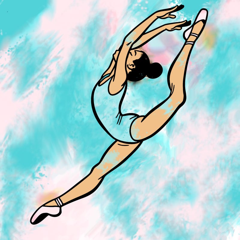 gymnast doing a leap in a leotard with a bent back leg