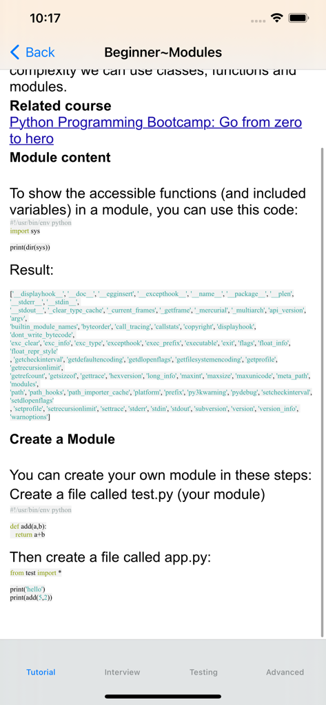 Interface do aplicativo Tutorial de Python mostrando uma aula sobre módulos para iniciantes com exemplos de código e resultados de execução