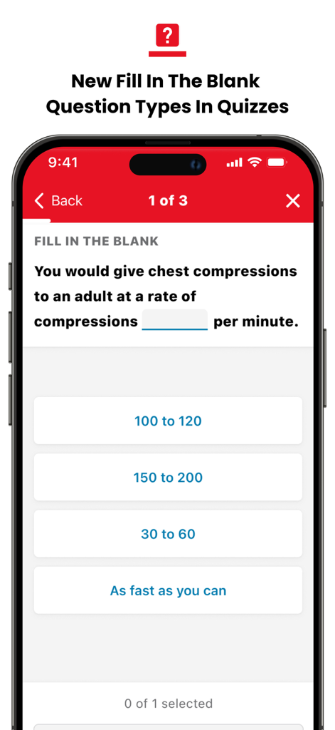First Aid: American Red Cross - Screenshot einer Lückentext-Quizfrage zu CPR-Techniken in der American Red Cross Erste Hilfe App.