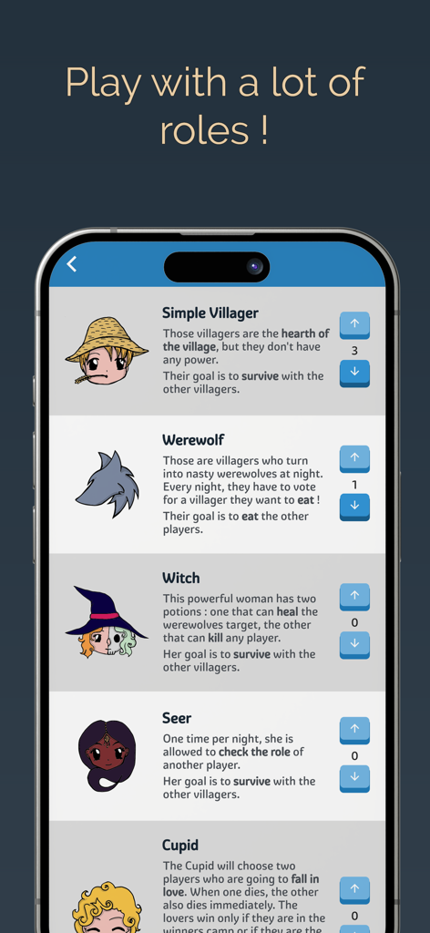 A menu in the Mobile Werewolf app showing different game roles like Villager, Werewolf, Witch, and Seer with their descriptions.