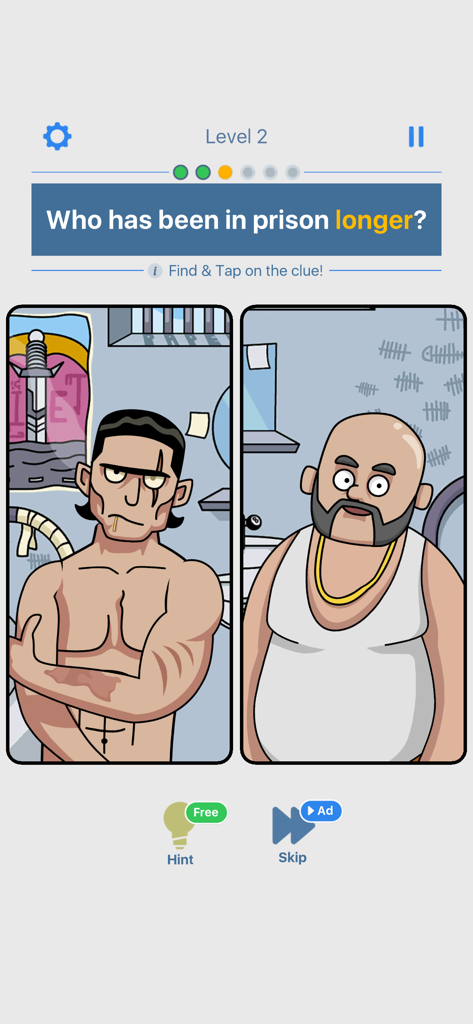 Riddle Master - Screenshot of Riddle Master level 2 puzzle asking who has been in prison longer.