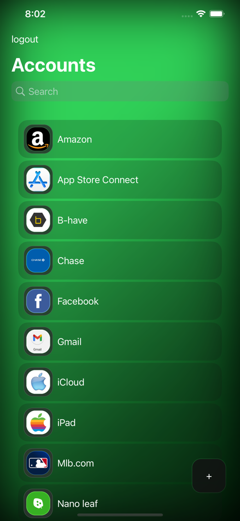 Passkeep app screen showing a list of stored accounts like Amazon and Facebook on a green background
