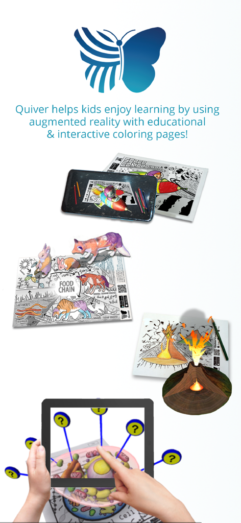 Páginas de coloreado 3D con realidad aumentada que muestran una cadena alimenticia de volcanes y un modelo celular en una tableta