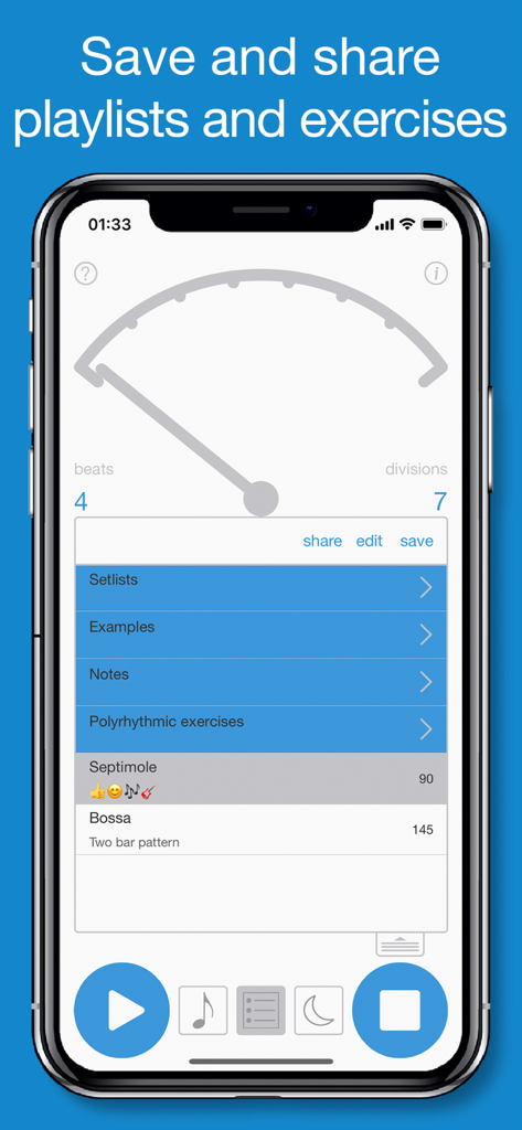 Rhythm+ - Interfaz de la aplicación Rhythm plus que muestra la organización de listas de reproducción y carpetas para guardar y compartir ejercicios musicales.