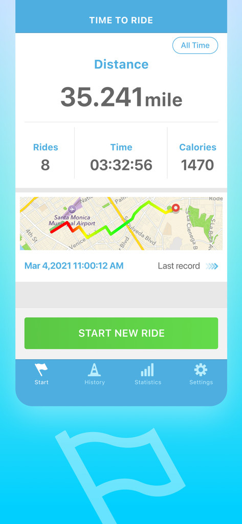 Bicycle ride tracker PRO app interface showing ride distance, calories burned, and a GPS map route.