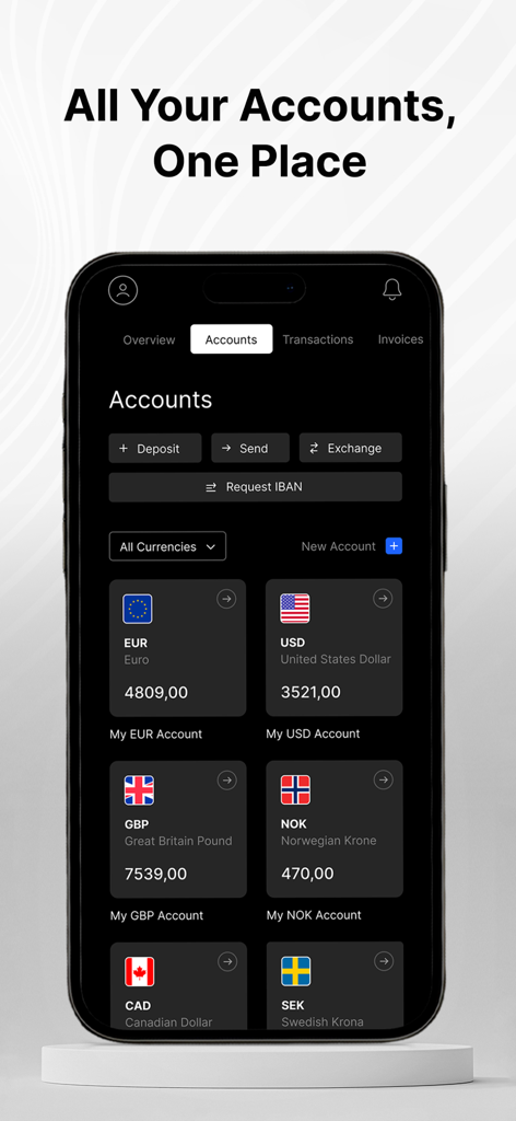 Die mobile App-Oberfläche von The Kingdom Bank zeigt verschiedene Währungskonten wie USD, EUR und GBP mit Optionen zum Einzahlen, Senden und Umtauschen.